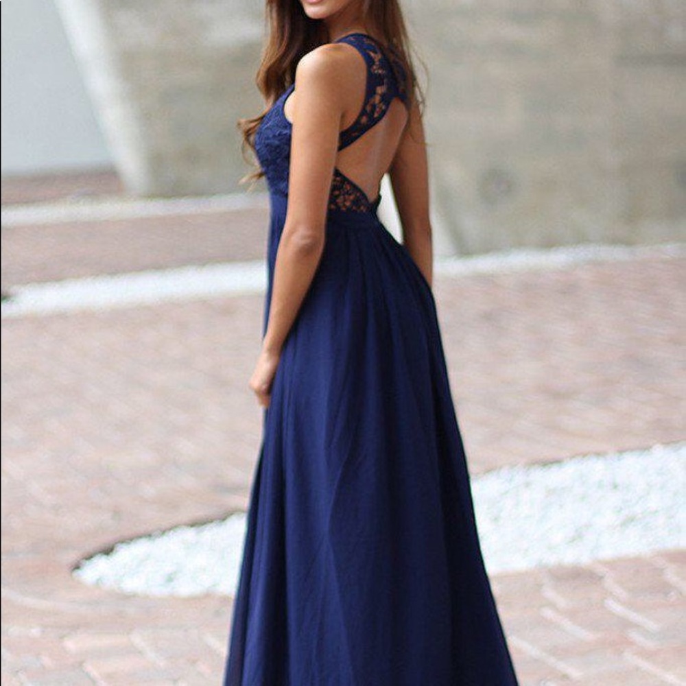 Navy Blue Crochet Open Back Maxi Dress